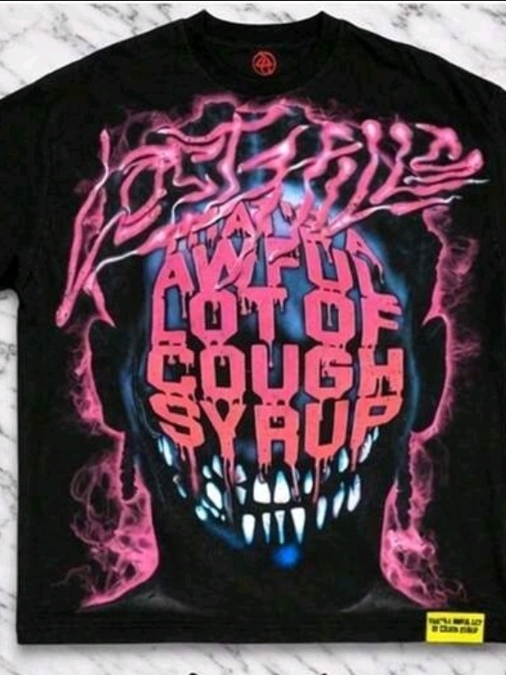 Black Short-Sleeve Graphic Tee with Pink & Blue Skull Design